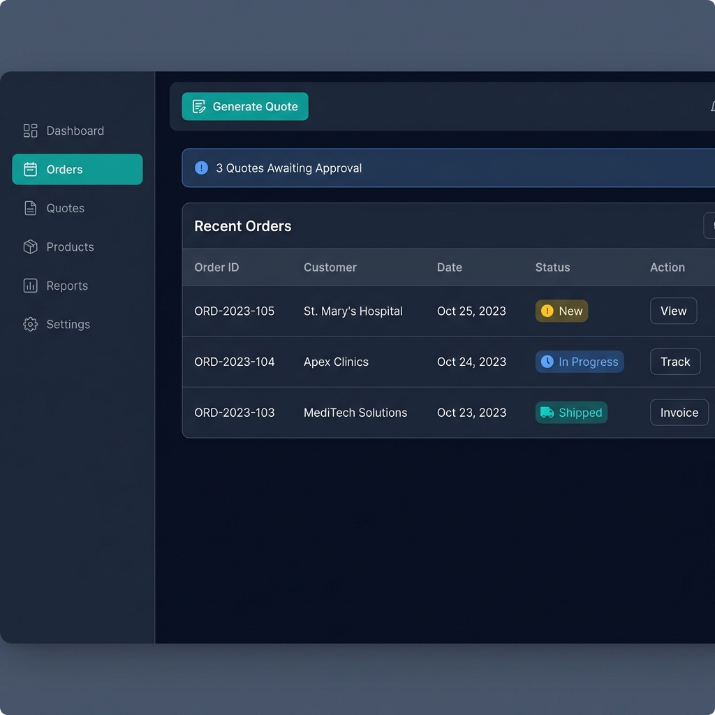 Screenshot of the EzMedSource vendor dashboard showing incoming quote requests and order activity